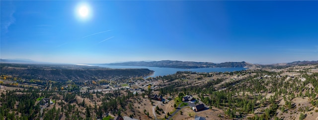 drone / aerial view featuring a water and mountain view