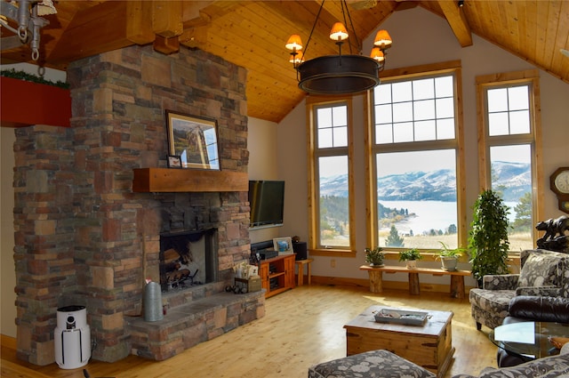 living room featuring a wealth of natural light, beamed ceiling, a fireplace, and light wood-type flooring