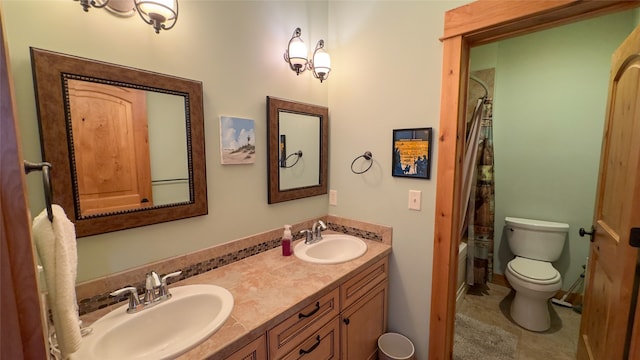 full bathroom featuring vanity, toilet, tile patterned floors, and shower / bathtub combination with curtain