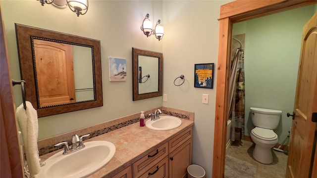 4025 Sunset Ridge Dr, Helena, MT 59602 - bathroom featuring shower / bath combo with shower curtain, toilet, double vanity, and a sink