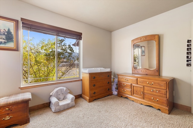 sitting room featuring light colored carpet