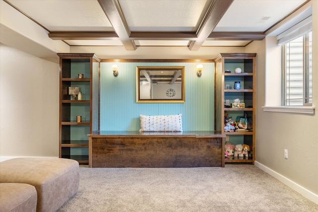 living area with beam ceiling, coffered ceiling, and carpet flooring