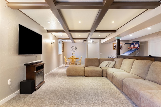 carpeted living room with beam ceiling and coffered ceiling