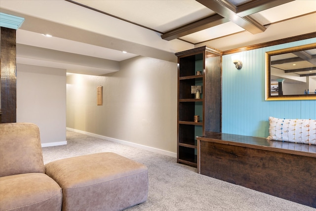 sitting room featuring coffered ceiling, beam ceiling, and light carpet