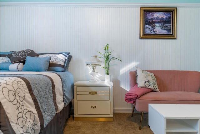 bedroom featuring light colored carpet