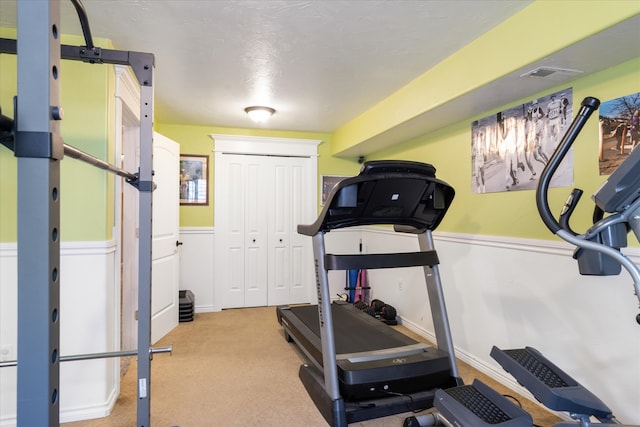 workout area featuring light colored carpet