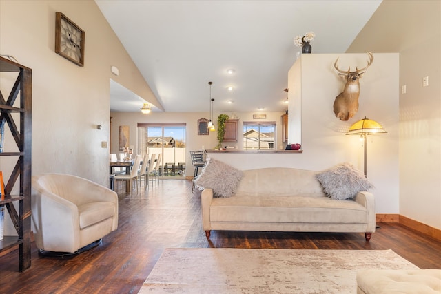 living room with lofted ceiling and dark hardwood / wood-style flooring