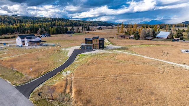 birds eye view of property with a rural view, a mountain view, and a view of trees