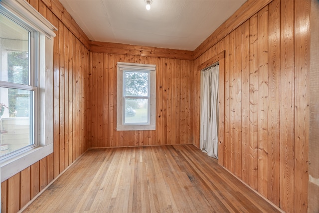 spare room featuring wooden walls and light wood-type flooring