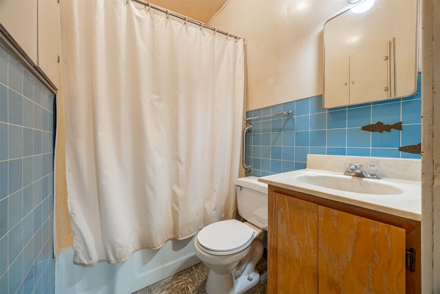 full bathroom featuring shower / bath combination with curtain, toilet, tile walls, and vanity