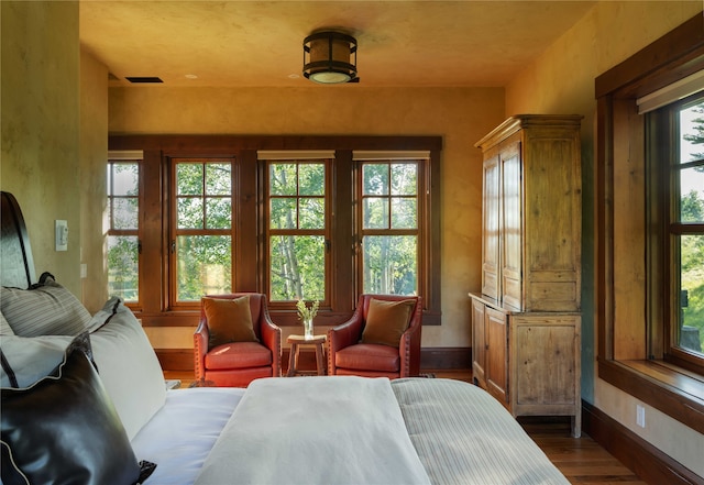 bedroom featuring dark wood-type flooring and multiple windows