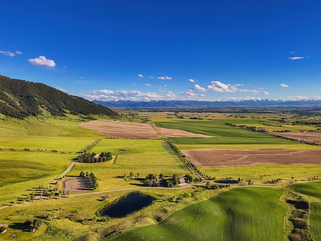 birds eye view of property featuring a mountain view and a rural view