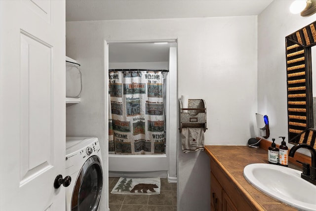 bathroom with vanity, shower / bath combination with curtain, tile patterned flooring, and washer / clothes dryer