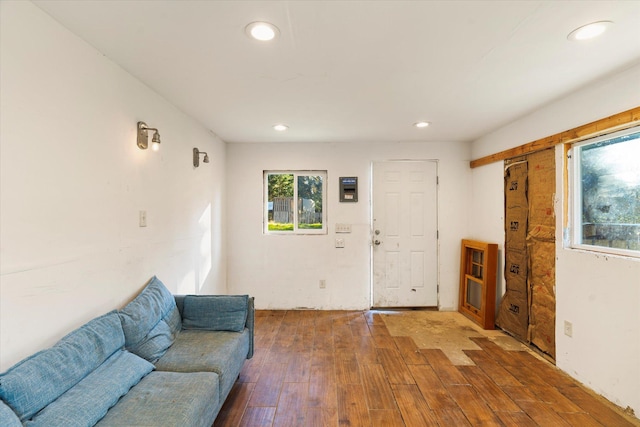 1424 Bierney Creek Rd, Lakeside, MT 59922 - living area featuring wood finished floors and recessed lighting