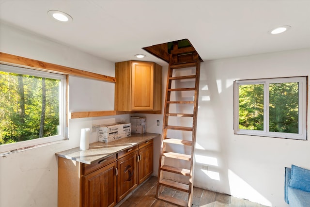 kitchen featuring light stone counters and dark hardwood / wood-style flooring