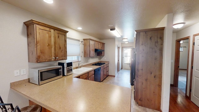 kitchen featuring sink, light hardwood / wood-style flooring, kitchen peninsula, and stainless steel appliances