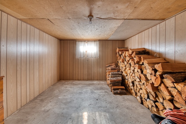 interior space featuring wooden walls