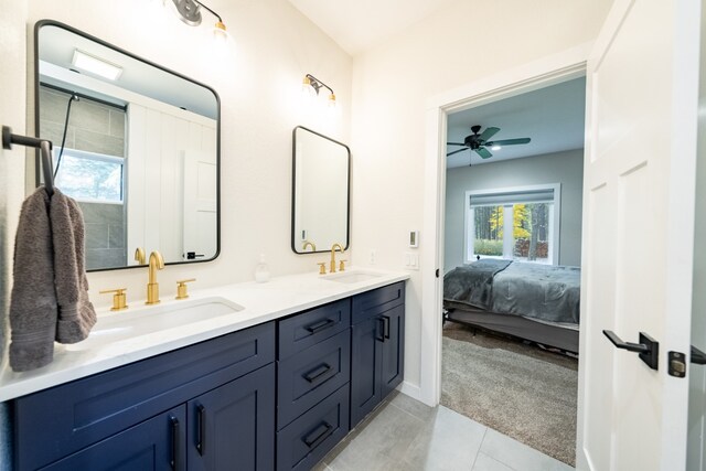 bathroom with vanity, tile patterned floors, and ceiling fan