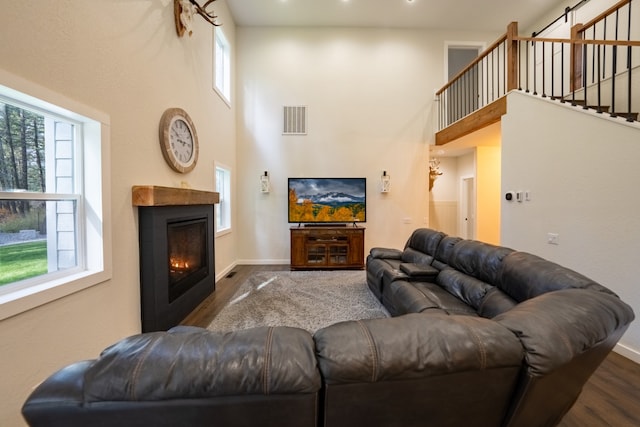 living room with dark hardwood / wood-style floors, a high ceiling, and a wealth of natural light