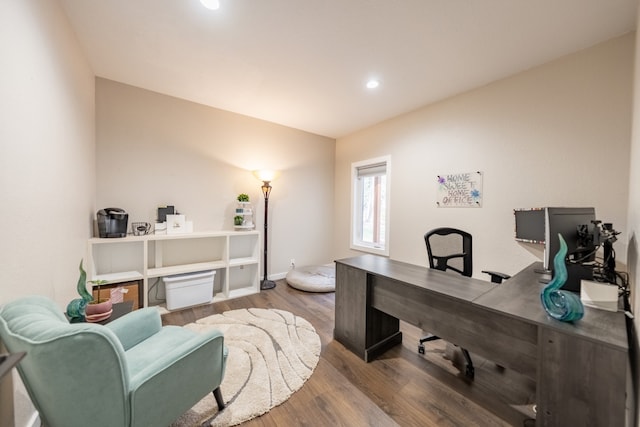 office space with wood-type flooring