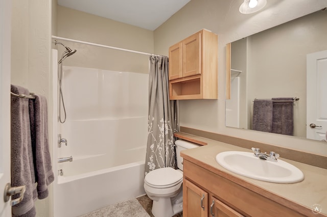 full bathroom with toilet, shower / bath combo, vanity, and tile patterned flooring