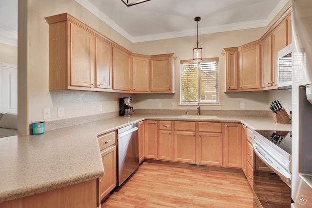 kitchen featuring crown molding, appliances with stainless steel finishes, light hardwood / wood-style flooring, and hanging light fixtures