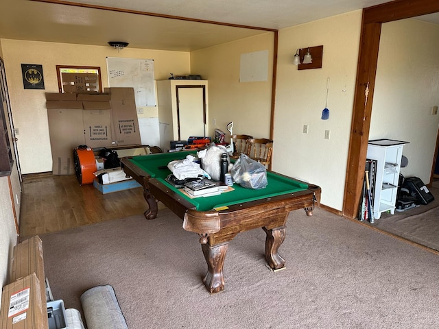 recreation room featuring baseboards, billiards, and carpet