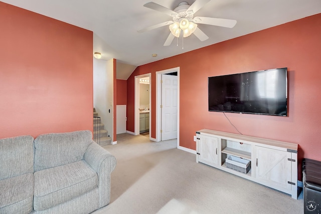890 Antares Rd, Helena, MT 59602 - living area featuring a ceiling fan, light colored carpet, and stairway