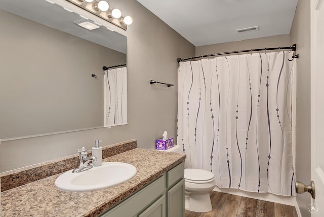 bathroom with vanity, wood-type flooring, and toilet