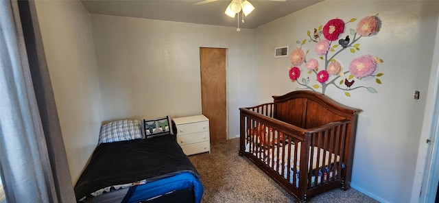 carpeted bedroom featuring ceiling fan