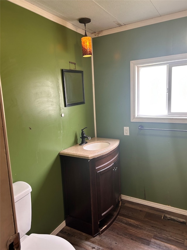 bathroom featuring vanity, hardwood / wood-style floors, toilet, and ornamental molding