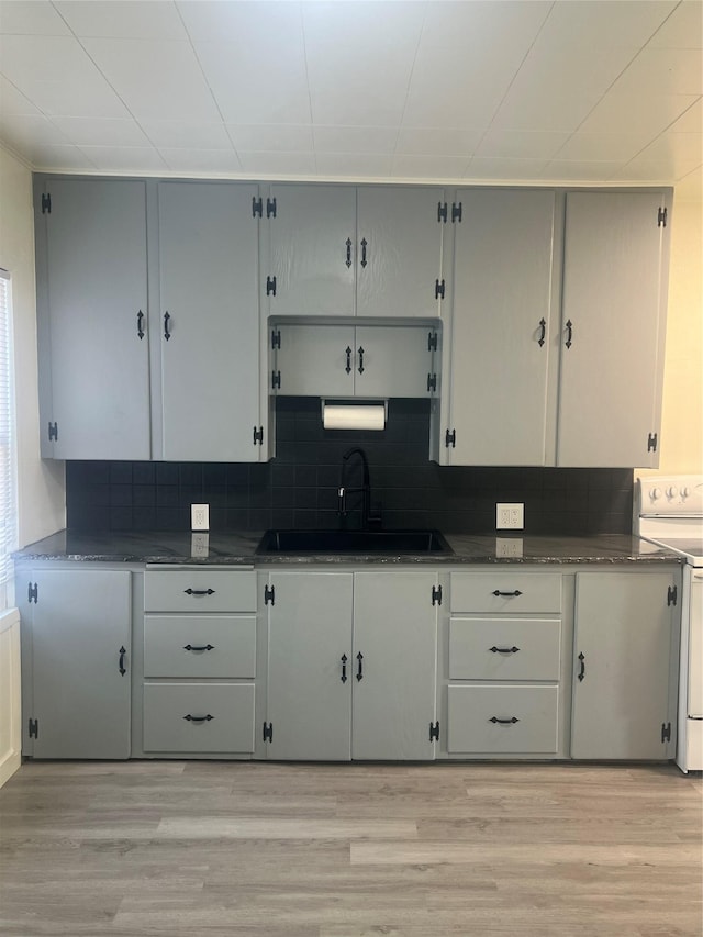 416 2nd St, Deer Lodge, MT 59722 - kitchen featuring a sink, white range with electric cooktop, backsplash, and light wood-style flooring