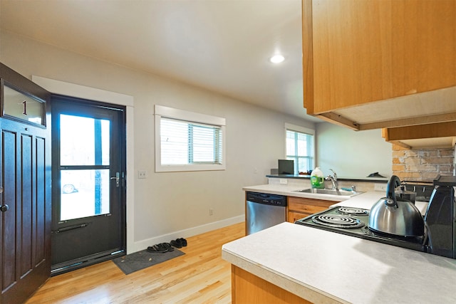 kitchen with stainless steel dishwasher, sink, light hardwood / wood-style flooring, and electric range