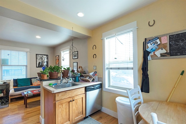 kitchen featuring sink, dishwasher, light hardwood / wood-style flooring, and a healthy amount of sunlight