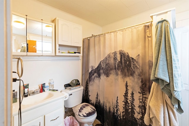 bathroom featuring vanity, ornamental molding, toilet, and walk in shower