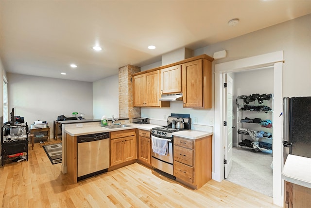 kitchen with sink, light hardwood / wood-style flooring, kitchen peninsula, and stainless steel appliances