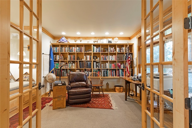 living area featuring crown molding and carpet