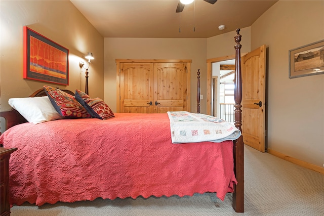 bedroom featuring a closet, carpet flooring, and ceiling fan