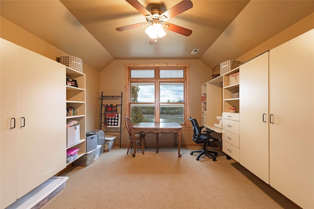 office with light carpet, ceiling fan, and vaulted ceiling