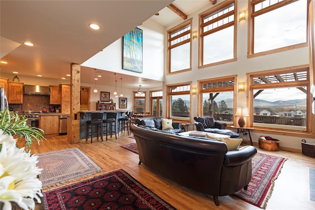 living room with a towering ceiling and light wood-type flooring