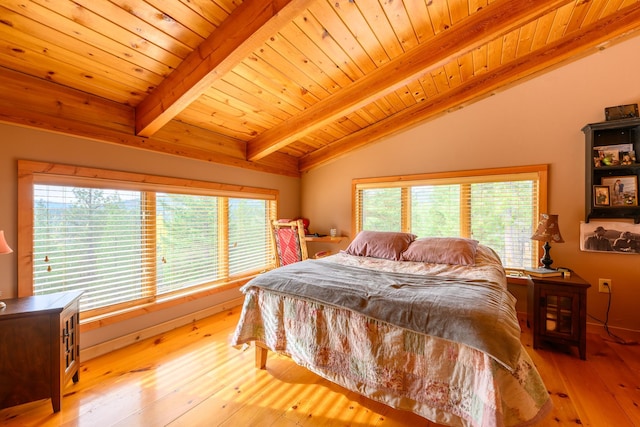 bedroom featuring lofted ceiling with beams, wooden ceiling, multiple windows, and light hardwood / wood-style flooring