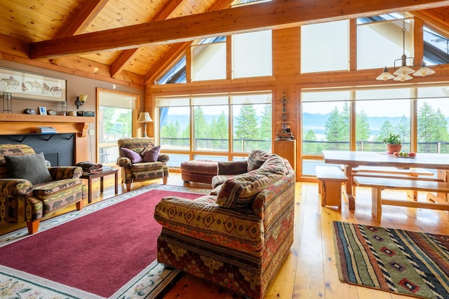 living room with beam ceiling, light hardwood / wood-style flooring, high vaulted ceiling, and wooden ceiling