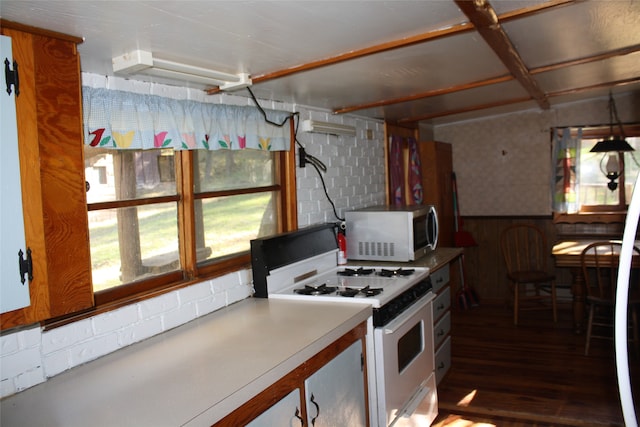 kitchen with dark hardwood / wood-style flooring and white range