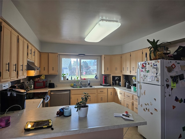 kitchen featuring light brown cabinetry, sink, dishwasher, kitchen peninsula, and white refrigerator