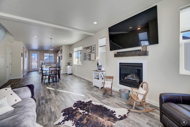 living room with hardwood / wood-style floors and a chandelier