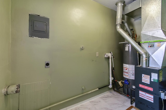 utilities featuring heating unit, gas water heater, and electric panel