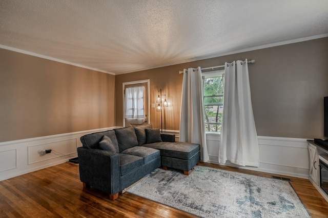 living room featuring crown molding, dark hardwood / wood-style floors, and a textured ceiling