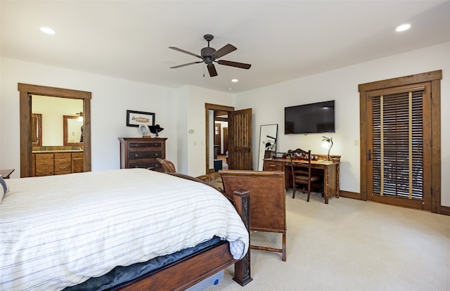 bedroom with light carpet and ceiling fan