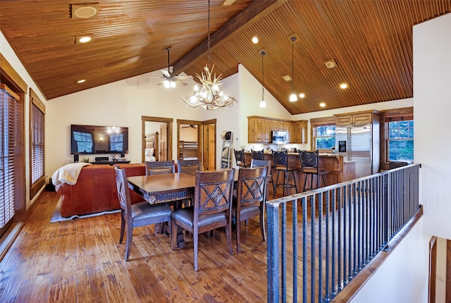 dining space with beam ceiling, wood ceiling, and light wood-type flooring