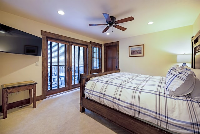 bedroom featuring light carpet, access to exterior, and ceiling fan